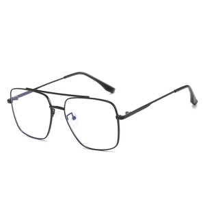 Classic black metal square aviator glasses with double bridge and clear anti-blue lenses