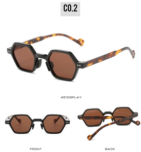 Detailed views of small hexagonal sunglasses with black frames and tortoise temples
