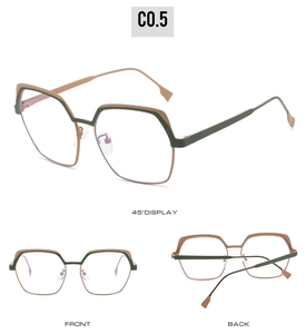 Detailed views of geometric metal glasses frames in khaki and dark green finish