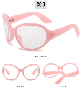 Three-way view of pink Y2K wrap-around frames showing front, back, and 45-degree angle