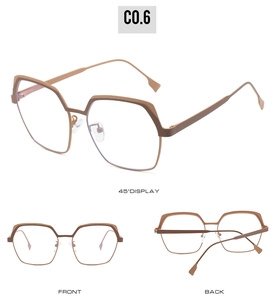 Three-angle views of bronze geometric polygon metal glasses frames with slim temples