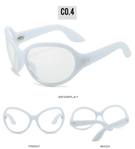 Three-angle display of white Y2K wraparound glasses showing front, back, and 45-degree views
