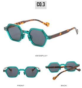 Detailed view of hexagonal sunglasses with lake green frames and tortoiseshell temples