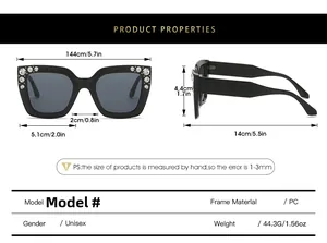 Detailed size chart for square sunglasses with dimensions in centimeters and inches