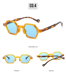 Three-angle views of tortoiseshell hexagonal sunglasses with light blue lenses and C0.4 mark