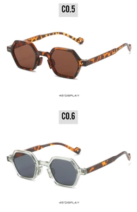 Detail view of retro hexagonal sunglasses in tortoise shell and transparent grey frames
