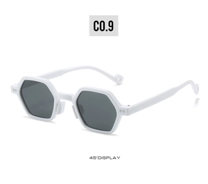 White hexagonal frame sunglasses with dark grey lenses in a 45-degree angle product view