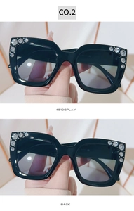 Detailed 45-degree and back view of square sunglasses with sparkling rhinestone accents