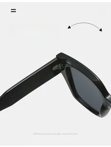 Macro detail of durable silver metal hinge and M498 model engraving on square sunglasses
