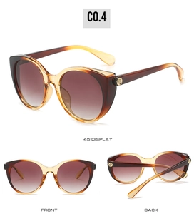 Vue sous trois angles de lunettes de soleil œil-de-chat ambre avec logo doré