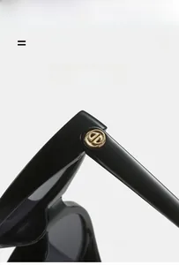 Détail de la charnière en métal et du logo doré sur des lunettes de soleil œil-de-chat