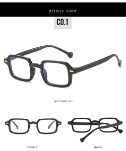 Détails des lunettes noires rétro carrées avec clous en métal doré et branches larges