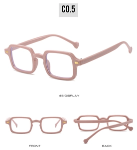 Vue en trois angles de montures de lunettes roses carrées rétro anti-lumière bleue