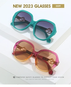 Detailed view of fashion oval sunglasses with golden hollow geometric temple design
