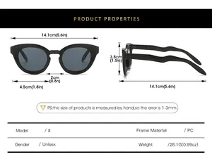Detailed size guide with measurements for oval vintage cat-eye UV400 sunglasses