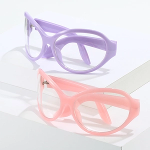 Retro Y2K oversized wrap-around frame glasses in pastel pink and purple colors