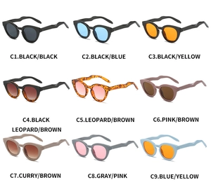 Collage of retro oval sunglasses showing nine different color frame and lens combinations