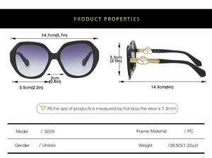 Detailed size chart showing dimensions and specifications for oval geometric sunglasses