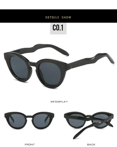 Three-angle display of black oval sunglasses featuring wavy temples and dark lenses