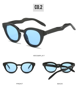 Three-view display of black cat-eye sunglasses with wavy temples and light blue lenses