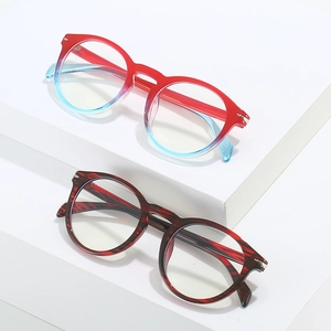 Retro round full-rim glasses frames in red-blue gradient and tortoiseshell patterns