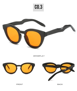 Multiple views of oval sunglasses with black frames, orange lenses and wavy temples