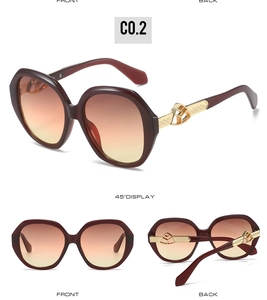 Detailed views of burgundy sunglasses with orange gradient lenses and gold ornaments