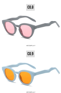 Detailed 45-degree side view of oval Y2K sunglasses with wavy temples in two color variants