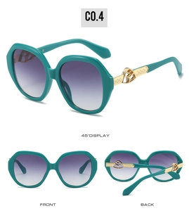 Detailed views of oval sunglasses with teal frames and gold woven metal hollow temples
