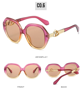 Three views of pink-orange gradient sunglasses with gold geometric temples and dark lenses