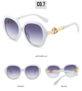 Three-view display of white oval sunglasses with purple gradient lenses and gold temple detail