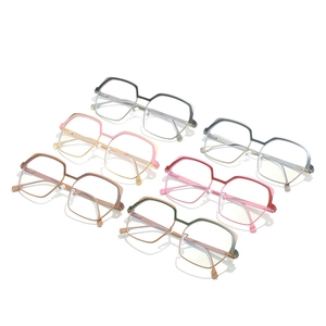 Modern polygonal metal eyeglass frames in six assorted colors shown from a top-down view