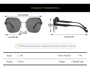 Detailed size chart for rimless sunglasses with dimensions and frame specifications