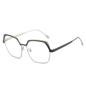 Modern geometric polygonal eyeglass frames in black and silver metal finish