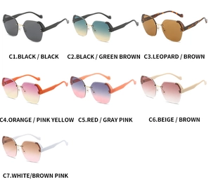 Detailed grid of rimless polygon sunglasses showing textured temples and 7 color options
