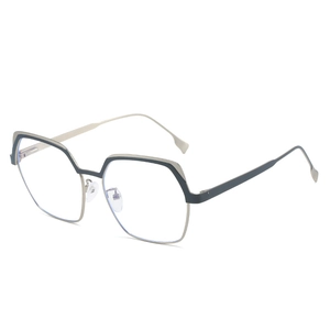 Black and gold geometric metal glasses frames shown from a professional 45-degree angle