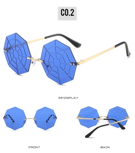 Three-view display of rimless blue spider web sunglasses with gold metal frame