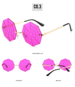 Detailed views of rimless spider web sunglasses in rose purple with gold metal frames