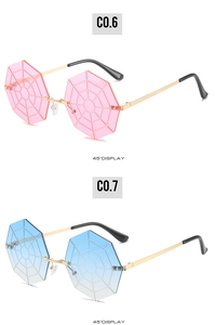 Detail view of rimless spider web sunglasses in pink and blue gradient hexagonal lenses
