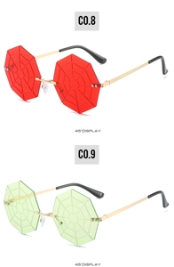 Detail view of octagon rimless sunglasses with spider web pattern in red and green lenses