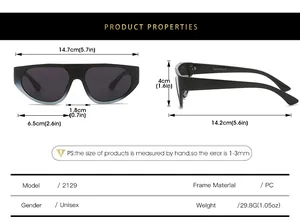 Detailed size guide for unisex PC sunglasses featuring frame dimensions and product specs