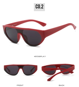 Three-way view of red oversized one-piece jelly sunglasses showing front and side angles