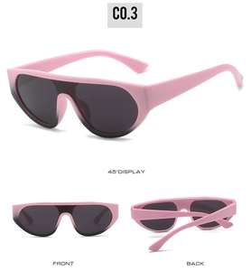 Detailed views of pink shield sunglasses showing front, back, and side display angles
