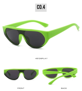 Detail view of fluorescent green wrap-around sunglasses with dark lenses from multiple angles
