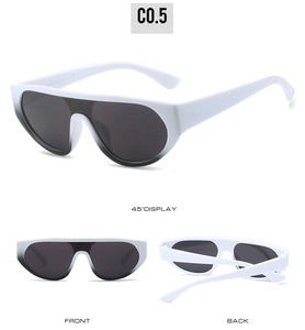 Detailed multi-angle views of white oversized shield sunglasses with grey lenses