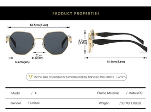 Dimensions détaillées des lunettes de soleil polygonales en métal avec mesures techniques