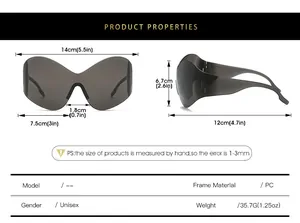 Detailed size chart for Y2K oversized steampunk sunglasses with dimensions in cm and inches