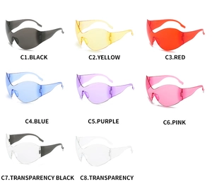 Collection of oversized Y2K steampunk shield sunglasses in eight various vibrant colors