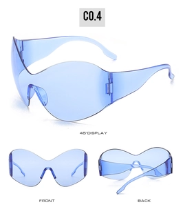 Steampunk oversized royal blue Y2k sunglasses with 45-degree front and back views