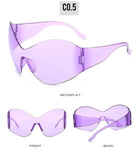 Detailed views of purple Y2K steampunk oversized sunglasses showing 45-degree, front, and back angles